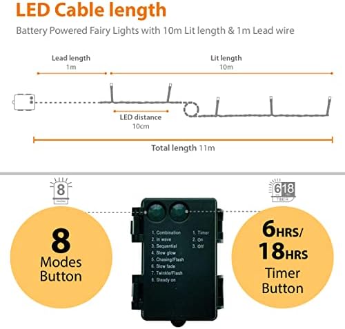 ANSIO Christmas Lights Timer Indoor Outdoor Fairy Lights Festive Wedding Bedroom Novelty Decorations Tree String Lights Battery Powered (100 LED Warm White Green Cable)