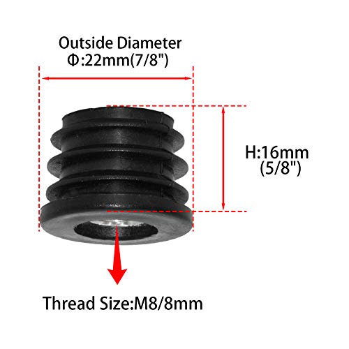 Image of Flyshop Black M8 Threaded Plastic Plugs Round Tube End Caps Tubing Plugs Inserts Furniture Glider 22 mm Diameter 4 Pcs
