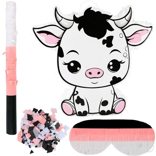 Piñata vache en papier avec raquette et confettis pour fête d'anniversaire