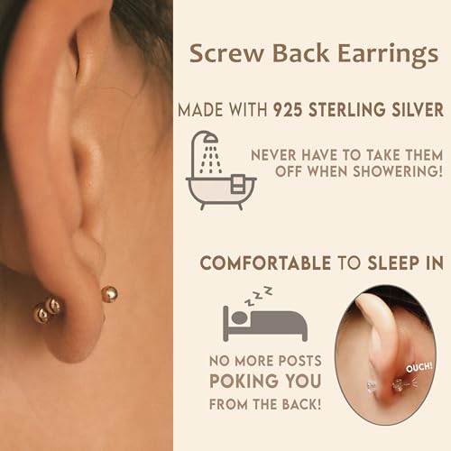 925 Sterling Silver Trio CZ Gold Screw Back Stud Earrings for Women/Girls, Sparkly CZ Stud Earrings for Helix Cartilage Tragus Earlobe Conch Piercing Jewelry 20 Gauge3