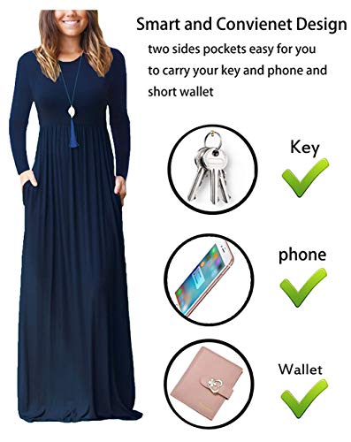 GRECERELLE Women A-line Swing Maxi Dresses Long Sleeve Long Casual Dresses Navy Blue-Medium
