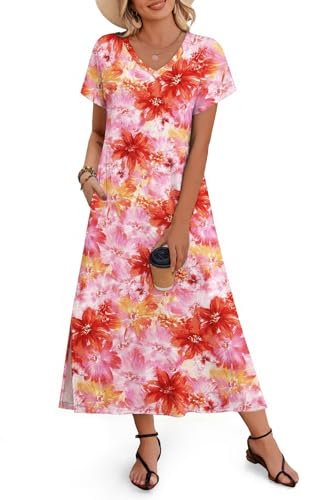Image of Zeagoo Women Summer Floral Dress Short Sleeve Beach Dress with Pockets Casual V-Neck Split Long T-Shirt Dress Travel Vacation