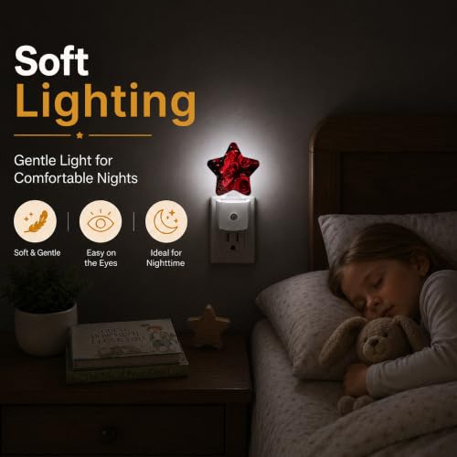 Image of Star Night Light Plug in, Red Rose Dusk to Dawn Sensor Night Light, Soft Glow Lamp for Kids Bedroom Nursery Hallway Bathroom, Energy Saving Compact Design
