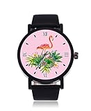 Gehäusedurchmesser: 40 mm. Pink Flamingo mit exotischen tropischen Pflanzen Mode Damen Armbanduhr Quarz Edelstahl Lederband Casual Uhr