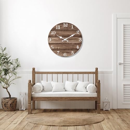 Image of XFM Brown Wooden Wall Clock 12 Inch Silent | Non-Ticking Battery Operated Vintage Farmhouse Rustic Decorative for Kitchen Living Room Office