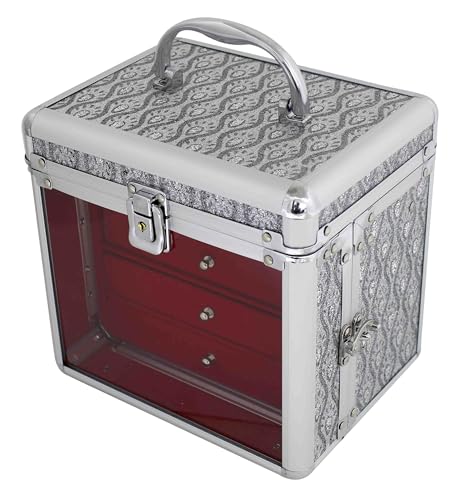 Maleta Organizadora de Joias com 3 Gavetas, Porta Maquiagem, Acabamento em Alumínio, com Chave, Disponível em Rosa, Roxo, Prata e Cinza (Cinza)