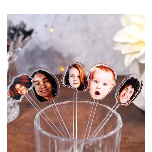 Custom Photo Face Stir Sticks Pack 5-500pcs Personalized Acrylic Drink Stirrers with Your Photo Dog Cat Logo or Face Custom Cocktail Swizzle Sticks for Birthday & Graduation Decor