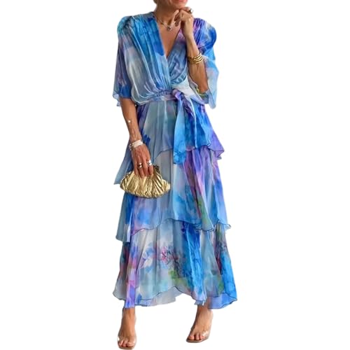 Women's Romantic Maxi Dress V-Neck Flutter Sleeve Tiered Ruffle Hem