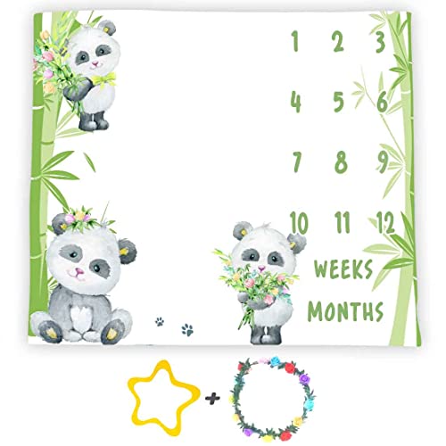 Image of Panda Baby Monthly Milestone Blanket, 48x40in Soft Flannel, Green Bamboo, Newborn Mom Gifts, Baby Shower Age Growth Tracker with Bonus Maker BTLSSS127
