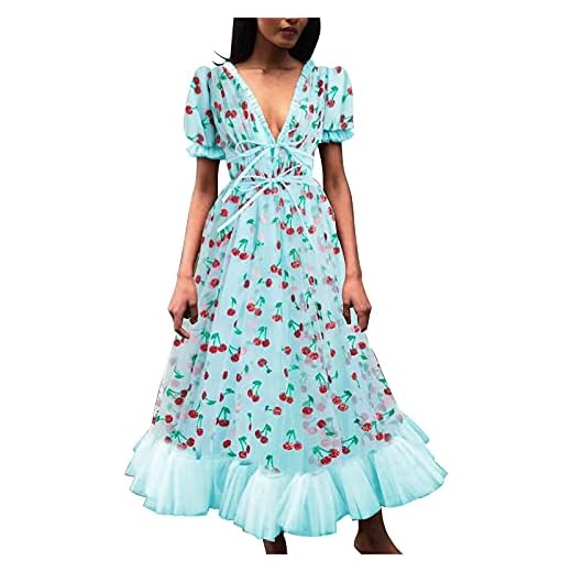 Dam spetssömmar Cherry Sweet Mesh V-ringad slips lång kjol kortärmad älva klänning fe klänning strandklänningar damer sommar knälång, Himmelsblå, L