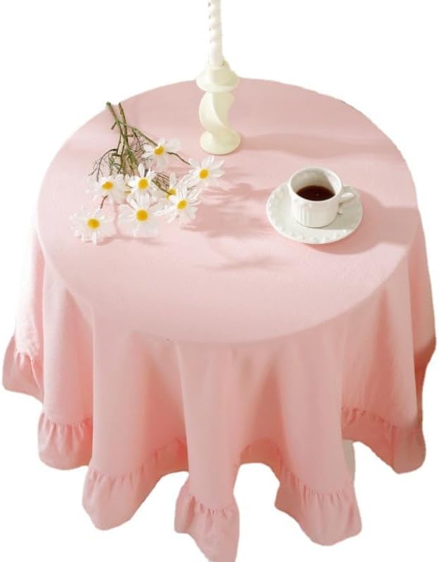HAIRUO Cotton Linen Table Cloths Retro Farmhouse Heavy Fabric Table Cover Pink White Washable Table Top for Parties Coffee Kitchen Picnic Round Table Cloth (Pink,Round, 60")