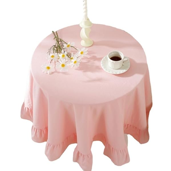 HAIRUO Cotton Linen Table Cloths Retro Farmhouse Heavy Fabric Table Cover Pink White Washable Table Top for Parties Coffee Kitchen Picnic Round Table Cloth (Pink,Round, 70") by HAIRUO - Used condition - Image 5