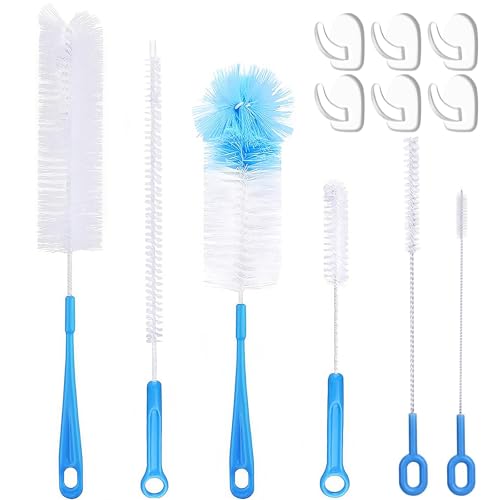 Realjoy 6 Juego de Cepillos de Limpieza, Limpia Botellas por Dentro, con 6 Ganchos, Cepillo para Pajitas, Cepillo Limpiador para Biberones, Vasos, Termos, Pajitas y Teteras