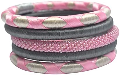 Pure Hands Encomium Beauty - Super Value Set of 5 Handmade Powder-Pink & Steel Grey Bangles-for-Girls Handcrafted with Japanese seed-beads flanked by Silk Bangles for Women
