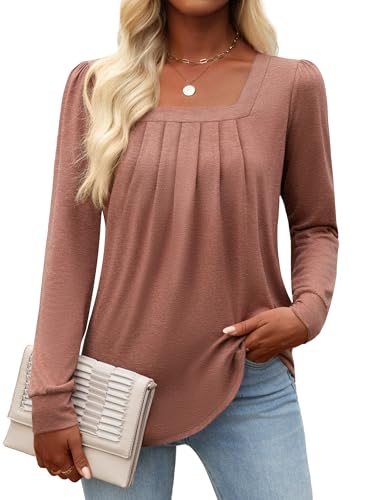 Funlingo Women's Puff Long Sleeve Tops Dressy Casual Square Neck Pleated Work Blouse Fall Trendy Tunic Flowy Chiffon Shirts