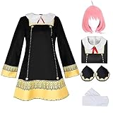 Ansamy Anime Spy Family Anya Forger Disfraz de Cosplay para Mujeres y Niñas, Vestido Negro Uniforme Kimono Vestir con Tocado y Calcetines y Rosa peluca para Fiesta de Halloween Carnaval (L, Negro)