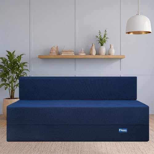 Image of Starlon 3 Seater Foldable Sofa Cum Bed 3-in-1 with Washable Jute Fabric Cover, Space Saving Guest Bed for Living Room & Apartment, Royal Navy Blue 6x6 Ft