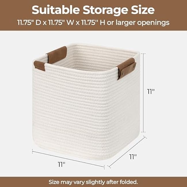StorageWorks White Woven Baskets, Cotton Rope Basket with Leather Decoration, Storage Organizer for Shelves, Closest, Living Room,11 inch, 3 Pack