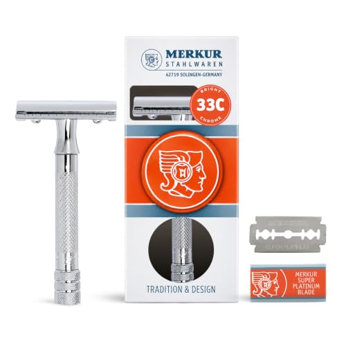 Image of MERKUR 33C Double Edge Safety Razor, Three-Piece Design, Closed Comb, Short Handle, Bright Chrome Finish, Made in Germany