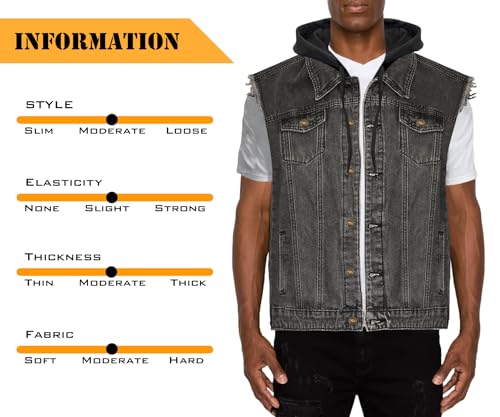 Men's Casual Button-Down Denim Vest Trucker Jean Jacket with Hoodie (XX-Large, Black Ripped)4