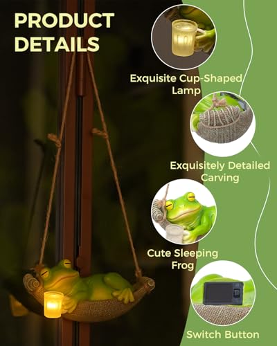 Solar Garden Frog Statue Sleeping in Hammock Resin Indoor Outdoor Lights Hanging Garden Frog Decor Mom Dad Gifts for Patio,Yard