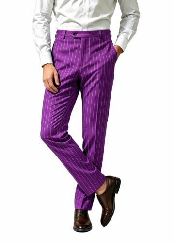 Purple Mens Pinstripe Dress Suit Pants Classic Slim Fit Groomsmen 38W X 32L