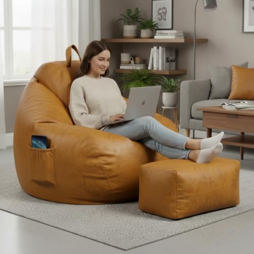 Image of KAM'S LIEU 4XL Suede Bean Bag Chair with Footrest & Cushion | Filled with High Density Polystyrene Beans | Premium Soft Fabric | Teardrop Design with Handle | Ready to Use Color- (Yellow, Bean Bag)
