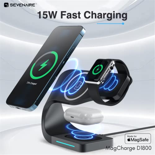 Image of Sevenaire MagCharge D1800 3-in-1 Wireless Charging Dock [23W Fast Charge] [Mag-Safe Compatible] for iPhone 17,16,15,14,13,12 Series | iWatch | Air-Pods (BLK with 18W Adapter)