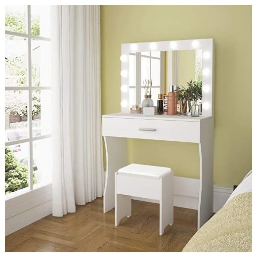 Titoni Vanity Table Set with Lighted Mirror - Makeup Vanity with Lights, Adjustable Brightness, Large Drawer Sturdy Wood Vanity, White 80x40x140cm