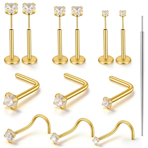 Tucnoeu 12Pcs Nose Rings Studs for Women, 20G 316L Surgical Steel Threadless Flat Back Earrings, Corkscrew L Shaped Nose Piercing Jewelry Set With Insertion Pin, Gold