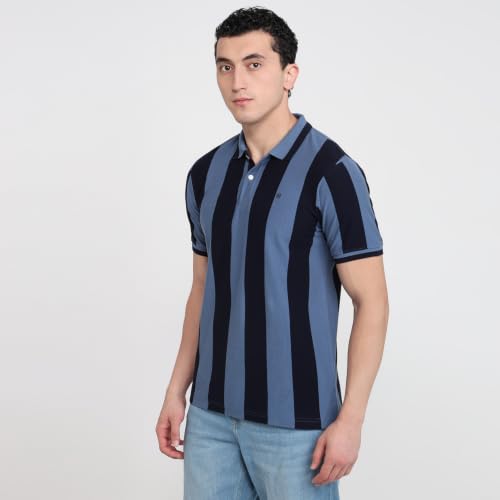 Image of Raymond Men Modern Fit Stripe Pattern Pure Cotton Polo Neck Half Sleeve Casual T-Shirt