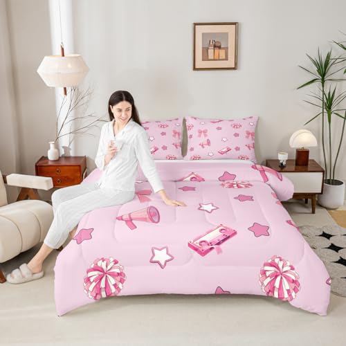 Image of Feelyou Cheer Comforter Set Full Size Cheerleader Bedding Set for Kids Boys Girls Pink Bow Duvet Quilt Bowknot Bedroom Decor Microfiber 3 Pcs with 2 Pillow Cases