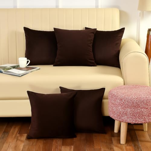 Velvet Pillow Solid Plain Cushion Covers Set of 5 (16 x 16 inch) (Brown)