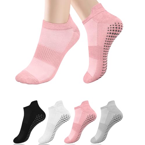 Tobfit 4 Pairs Pilates Socks for Women Non Slip Grip Sock Yoga Socks Ankle Grippy Sock Woman Black+White+Grey+Pink