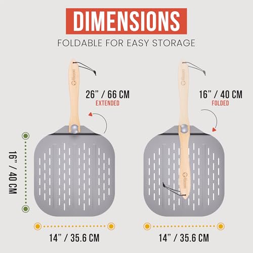 Image of Chef Pomodoro Aluminum Perforated Pizza Peel 16 Inch with Foldable Handle | Perforated Pizza Peel 16 inch, Pizza Steel Perforated Design Prevents Sticking, Foldable Stainless Steel Pizza Peel Handle
