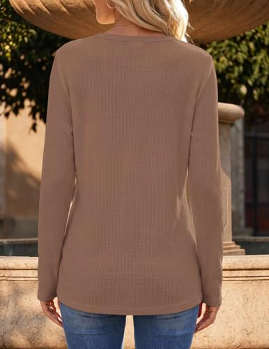 Zeagoo Womens Tops Long Sleeve Womens Shirts Fall V Neck Blouses 2026 Waffle Knit Tunics Tops for Women L Light Brown — view 3