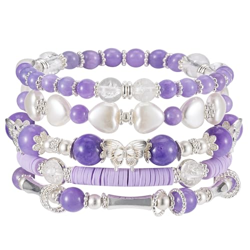 Besydec Lavender Purple Stackable Boho Beaded Bracelets With Natural Stone & Pearl Heart & Clay Beads for Women Adjustable Silver Jewelry