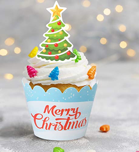 Christmas Cupcake Toppers Wrappers Decorations– Xmas Holiday Party Cake Supplies Decors - Snowman/Santa Claus/Gingerbread/Tree #TOP2