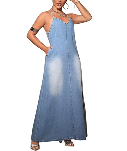 Image of Sexyshine Women's Sleeveless Adjustable Strap Maxi Denim Dress V Neck Washed Blue Plus Size Cami Long Jean Dress Pockets