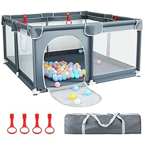 QZMTOY Baby Playpen, 47.2”x47.2”Large Playard for Babies and Toddlers, Kids Play Pen with 4pcs Pullrings,Indoor Outdoor Activity Center,Sturdy Play Yard for Toddler Infant,Safety Baby Fence Grey