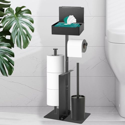 Porte-Papier Toilette Debout en Acier Inoxydable avec Brosse WC, HISAMGO Noir Set Porte-Papier et Brosse de Toilette en avec Boîte à lingettes Humides