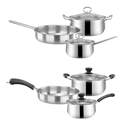 3pcs Stainless Steel Cookware Set Flat Bottom Frying Pan Soup Pot Milk Pot Kit - 1#