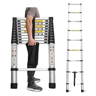 8.5 FT Collapsible Ladder, Aluminum Extension Ladder with Fixed Lock, 330lbs Capacity, Portable Telescopic Ladder with Handle, Telescoping Ladders for Home Roof Attic (8.5FT No Hook)