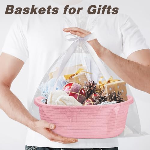 Image of Pro Goleem Small Woven Basket with Gift Bags and Ribbons Durable Baskets for Gifts Empty Small Rope Basket for Storage 12 inchX 8 inch X 5 inch Baby Toy Basket with Handles, Pink