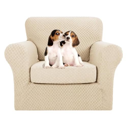 MAXIJIN 2 Piece Newest Jacquard Chair Covers with Arms Super Stretch Non Slip Chair Slipcover for Living Room Dogs Pet Friendly Elastic Sofa Couch Protector Armchair Cover (1 Seater, Light Beige)