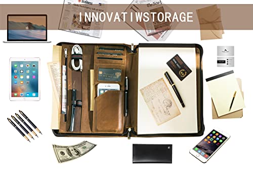 Professional Slim Padfolio Organizer Genuine Leather Compact Portfolio Case With Letter Size (A4) Paper Notepad, Business Carrying Case For Ipad Pro 12.9(2018&2020&2021), Gift For Men/Son #TOP4