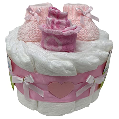 Kleine Windeltorte Strick-Booties in Rosa für Mädchen. Geschenk zur Taufe, Babyparty oder Geburt Cover