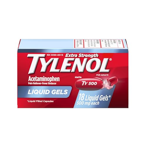 Tylenol Extra Strength Acetaminophen Liquid Gels 500 mg per Gel Strong Fast Pain Relief Capsules Fever Reducer Gentle on Stomach Relieve Headache Pain Backache and Muscle Aches 18 Count
