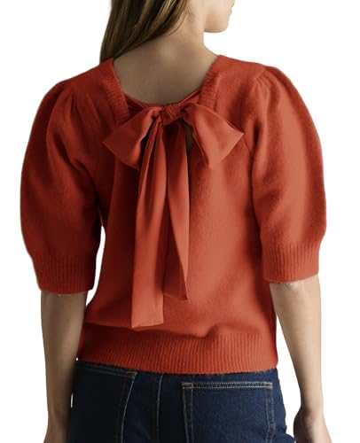 Image of Seyumixi Women Cute Bow Sweater Puff Short Sleeve Crewneck Knitted Shirt Bowknot Tie Back Knit Pullover Tops