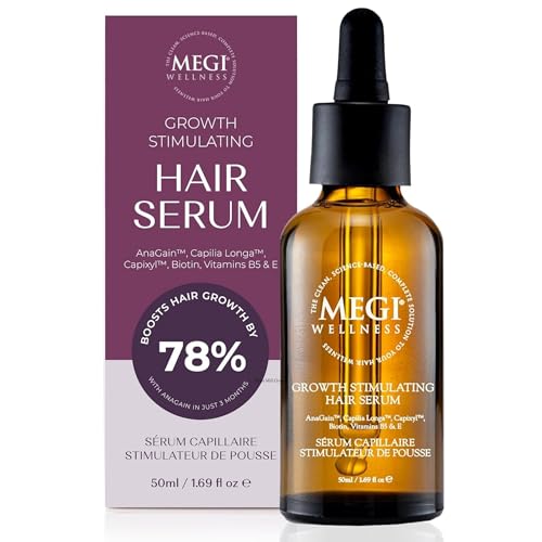 MEGI WELLNESS Stimulating Hair Growth Serum – Natural Minoxidil Alternative with Caffeine, Biotin, AnaGain™, Capilia Longa™ – Clinically Tested Solution for Thinning Hair - Men & Women (50ml)